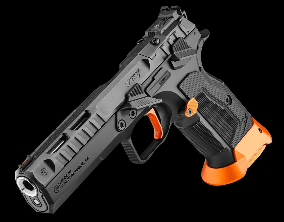 CZ TS 3 Orange three-quarter front view showing the redesigned frame, beavertail, and trigger guard undercuts