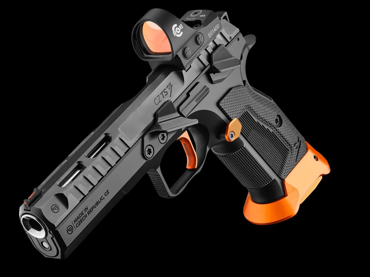 CZ TS 3 Orange three-quarter front view with red dot optic mounted, showing the complete competition configuration