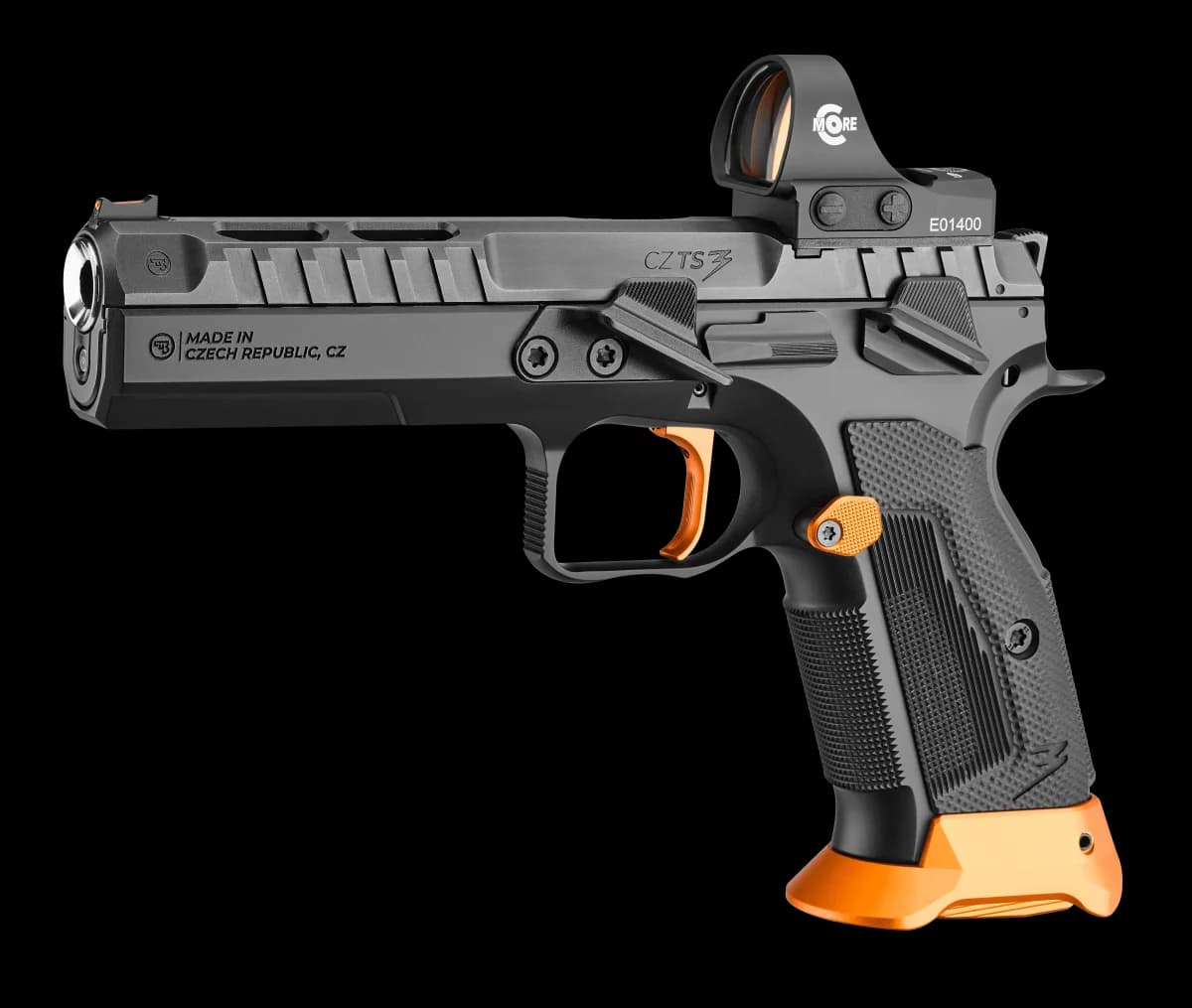 CZ TS 3 Orange left side with C-More red dot optic direct-mounted to the slide