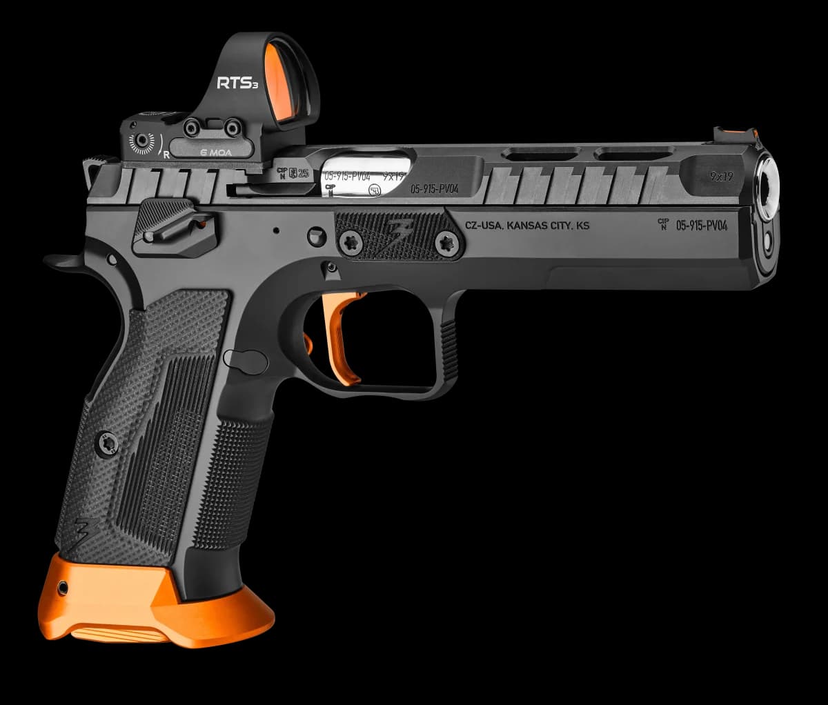 CZ TS 3 Orange right side with RTS2 red dot optic mounted, showing the low optic seating height