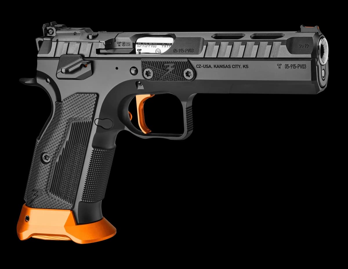 CZ TS 3 Orange right side profile showing CZ-USA markings, aggressive cocking serrations, and cold hammer forged bull barrel