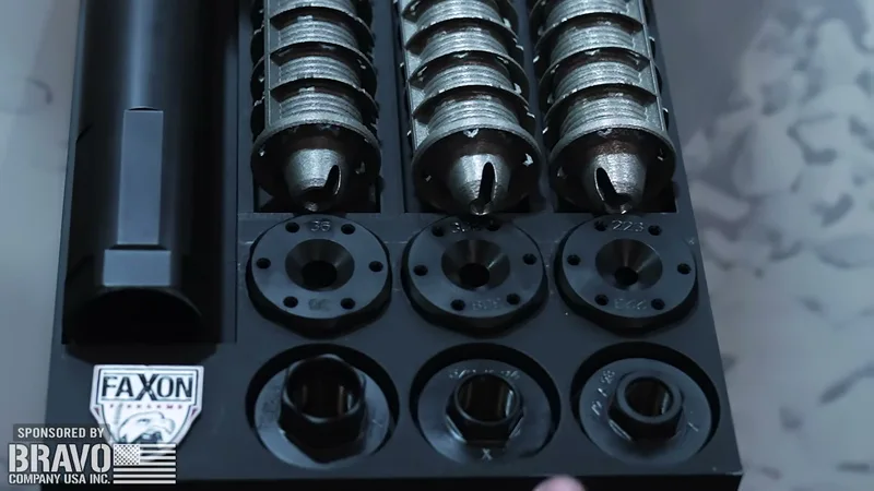 Faxon CoreSync multi-caliber kit showing 36, 30, and 5.56 cores with end caps