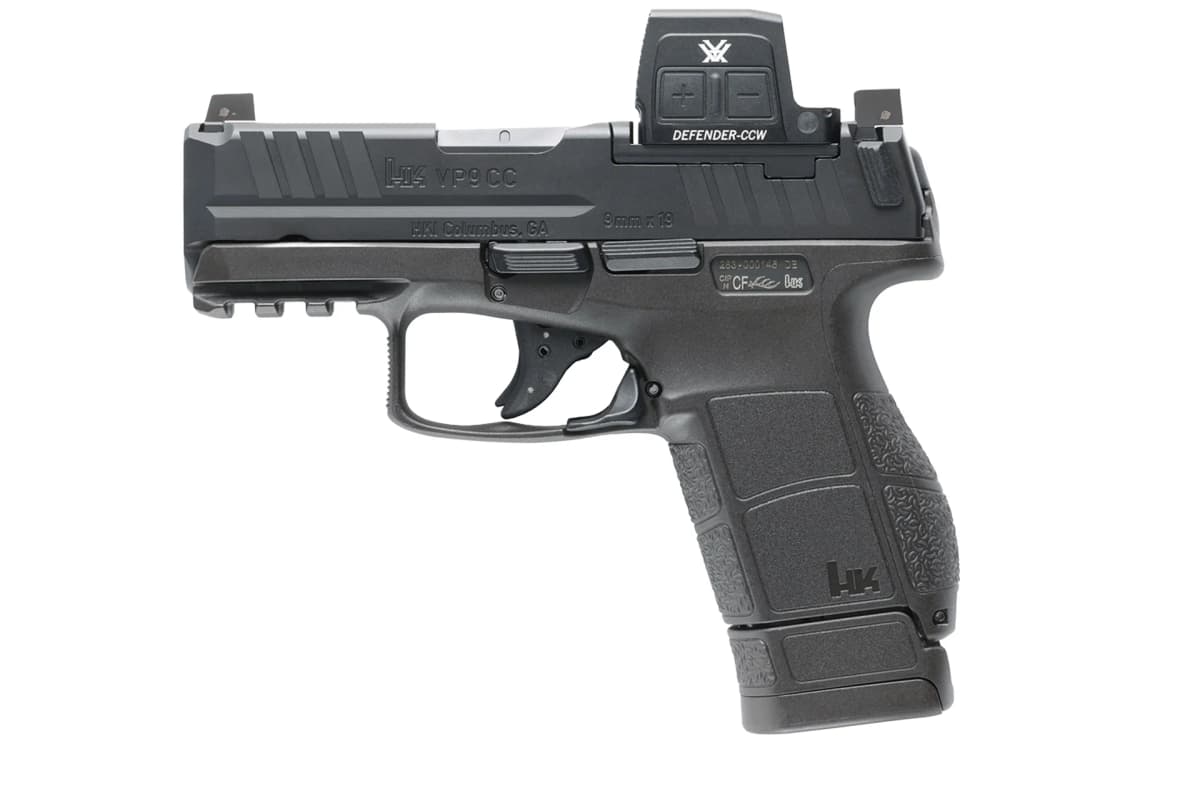 HK VP9CC OE left side showing Vortex Defender-CCW optic and extended 12-round magazine