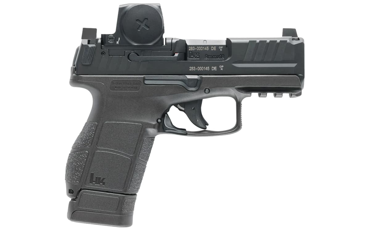 HK VP9CC OE right side showing optic dust cover, German proof marks, and Picatinny rail