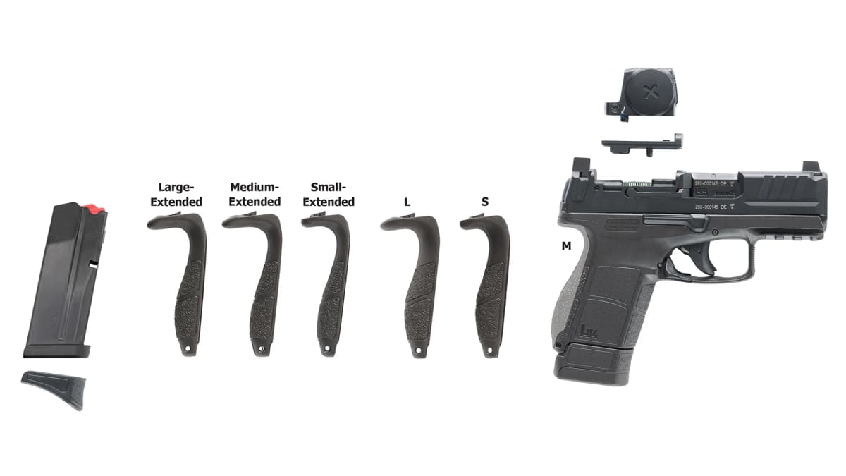 HK VP9CC complete package contents showing pistol, six backstraps, Vortex optic, and magazine