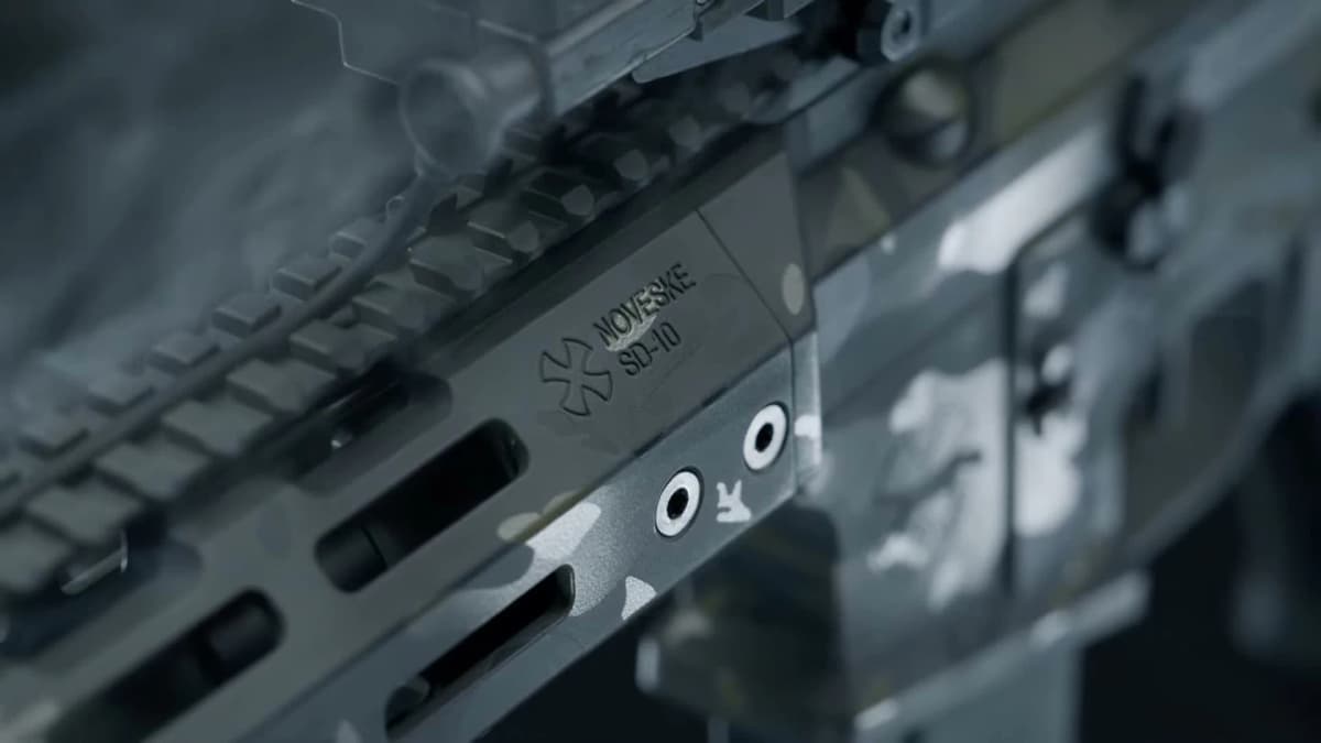 Noveske SD-10 handguard engraving close-up showing logo and M-LOK slots