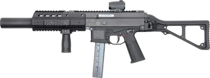Side-profile of B&T APC9 SD suppressed 9×19 mm carbine with integrally suppressed barrel and folding stock on a neutral background