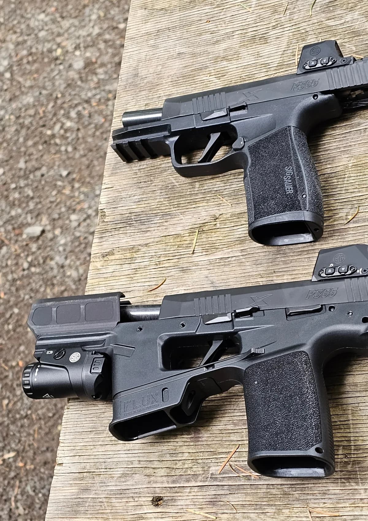 Close side-by-side of the SIG P365 X-Macro on top and the SIG P365-FLUX TACKIT on the bottom