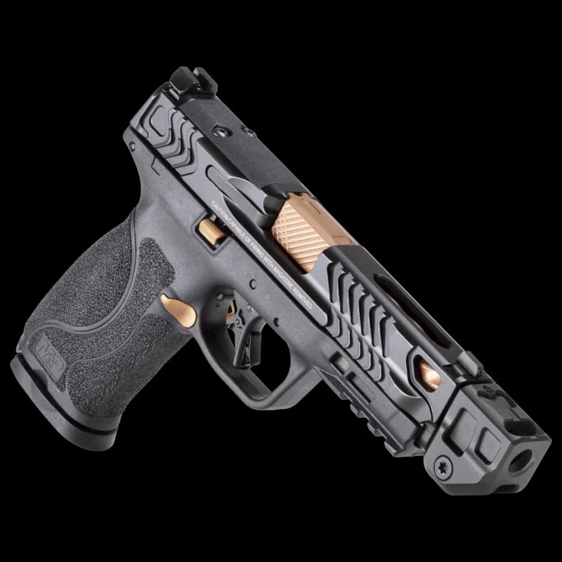Smith & Wesson Performance Center M&P9 M2.0 Copper PVD with compensator, three-quarter view