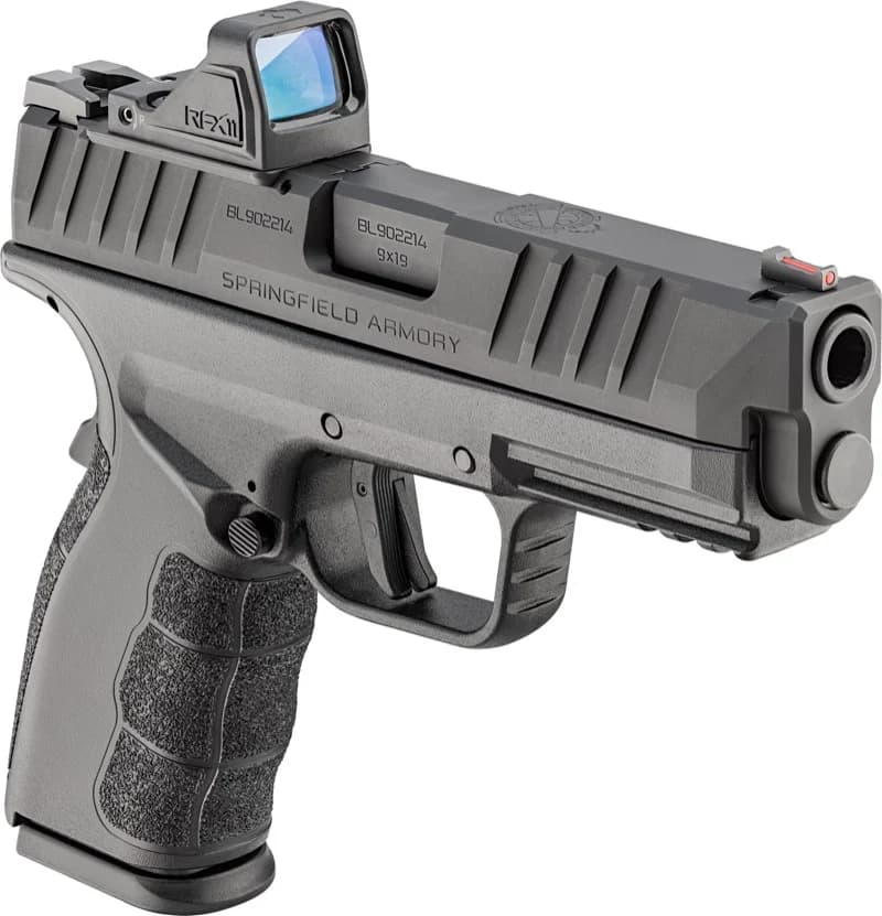Springfield XD Mod.4 OSP right side with RFX II red dot optic mounted, showing Springfield Armory markings and aggressive frame texturing