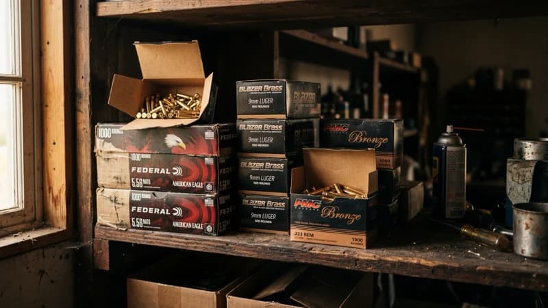 Bulk cases of 5.56 NATO and 9mm ammunition for stockpiling