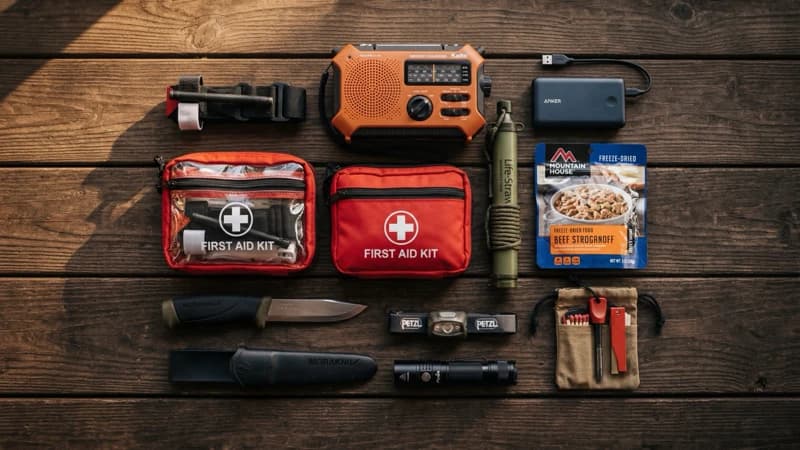 Emergency preparedness supplies including water filtration, food, medical kit, and power bank