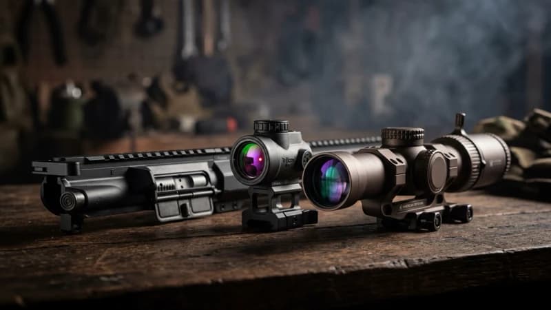 Red dot sight and LPVO rifle optics on display