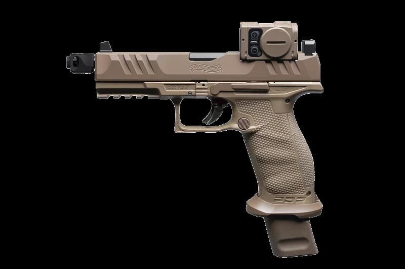 Walther P14 full side profile in FDE showing integrated compensator, Aimpoint ACRO P-2, suppressor-height sights, and extended magazine basepad