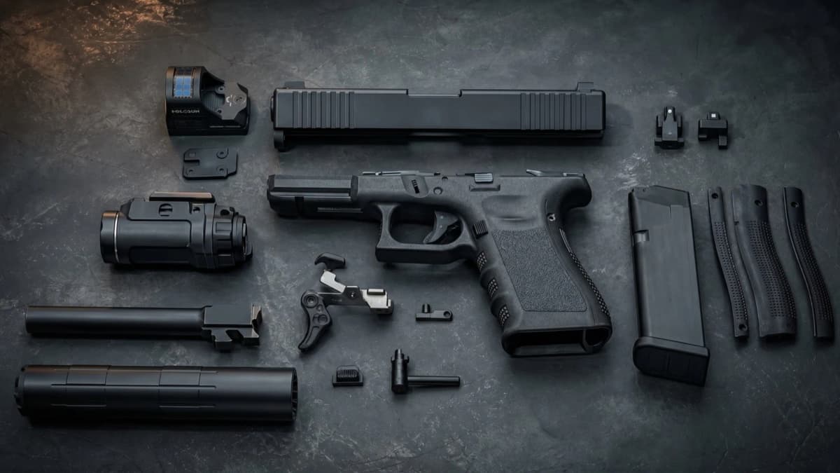 Glock 19 Gen3 custom builder flat lay