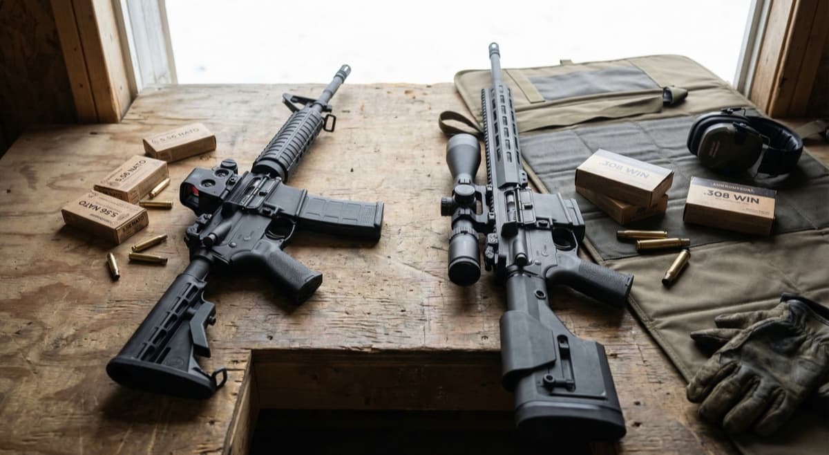 Visual comparison bars representing recoil, rifle weight, and ammo cost differences