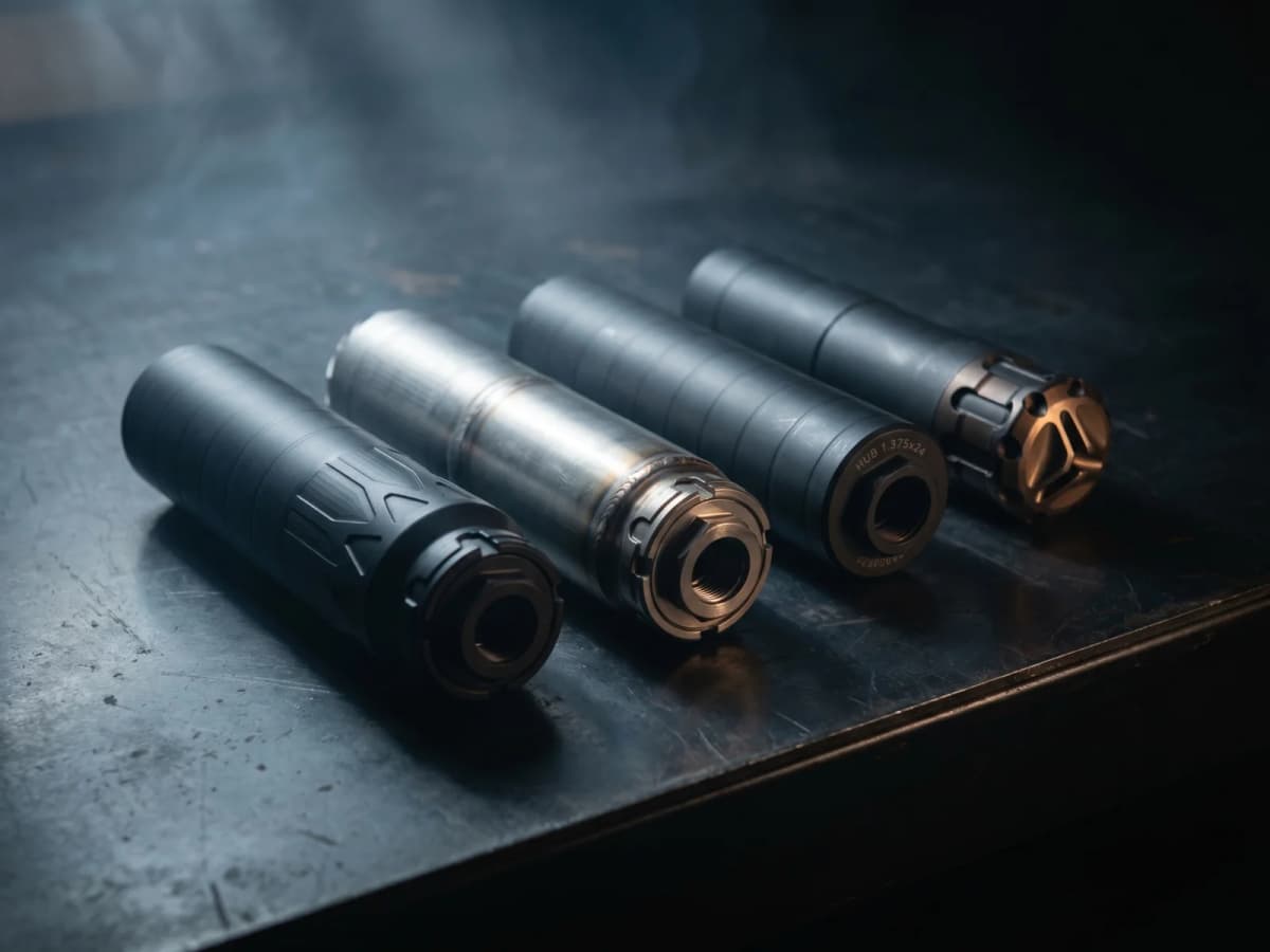 Four 5.56 rifle suppressors with HUB 1.375x24 mounts staggered on a steel workbench