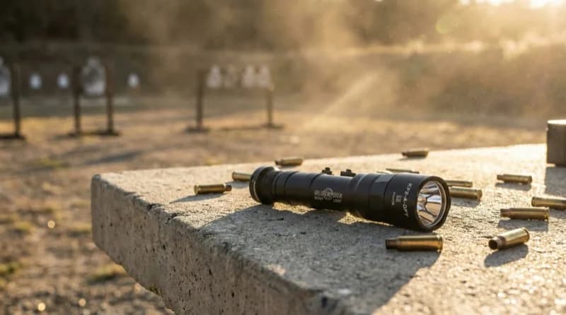 SureFire M640DFT-PRO Scout Light Pro on a shooting bench at golden hour with spent brass casings