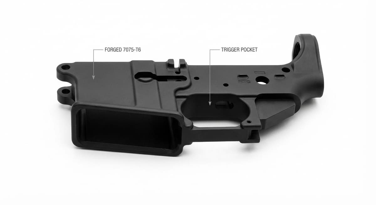 Stripped AR-15 lower receiver showing trigger pocket and magazine well