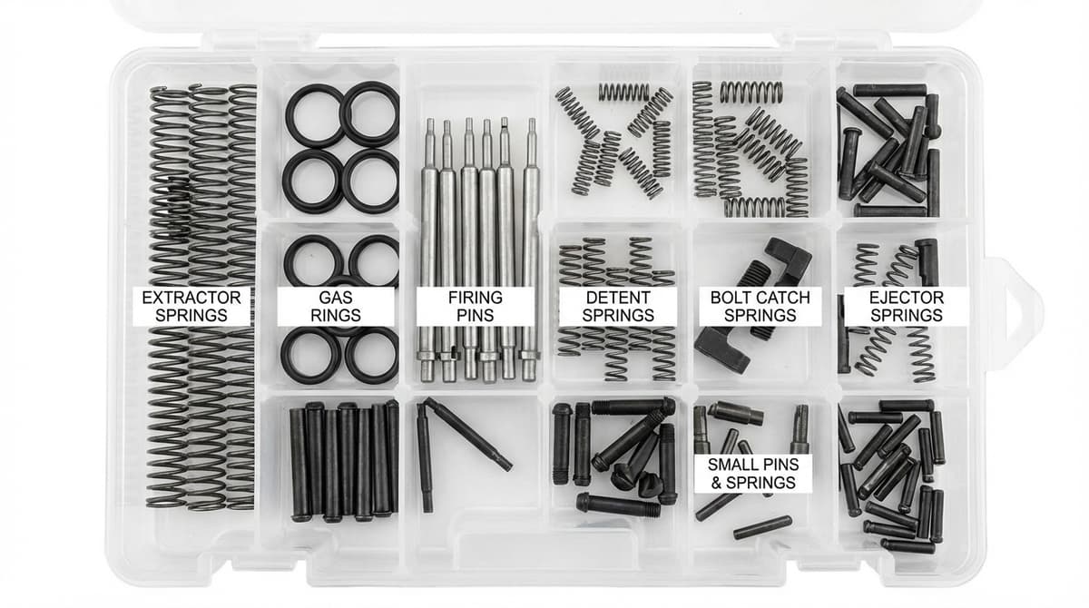Organized AR-15 spare parts kit with labeled compartments