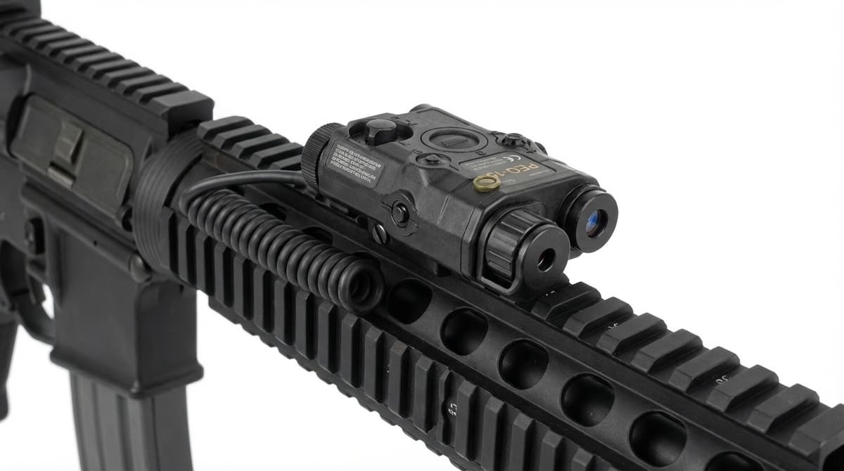 IR laser aiming device mounted on AR-15 handguard