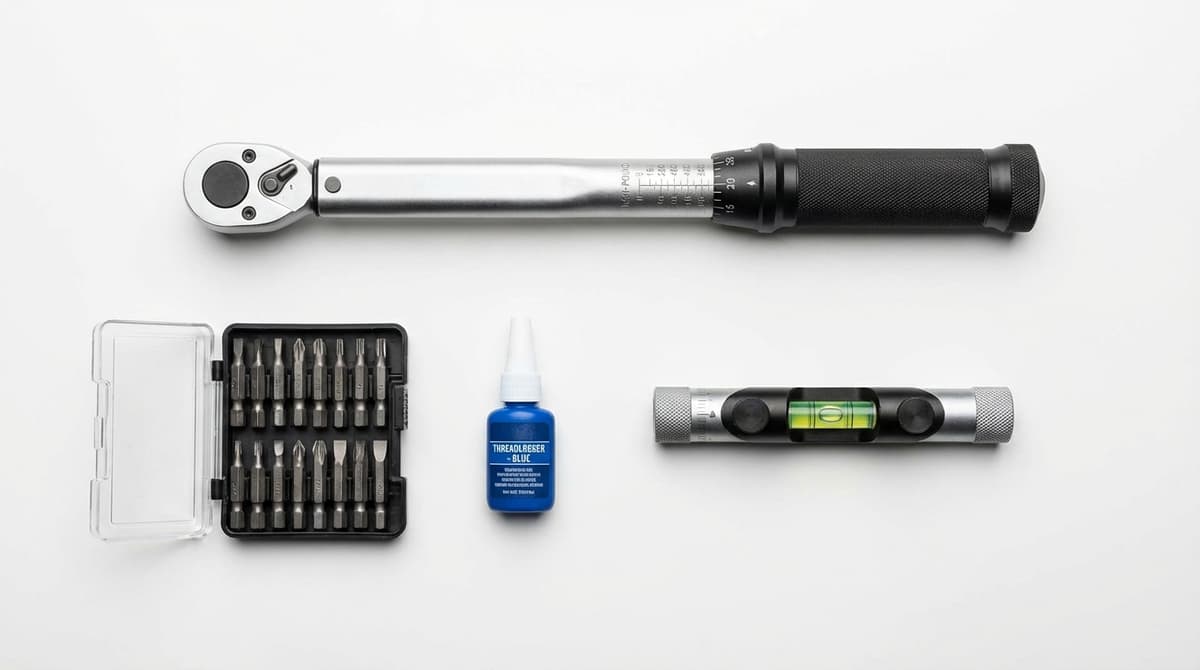 Torque wrench, hex bits, threadlocker, and leveling tools