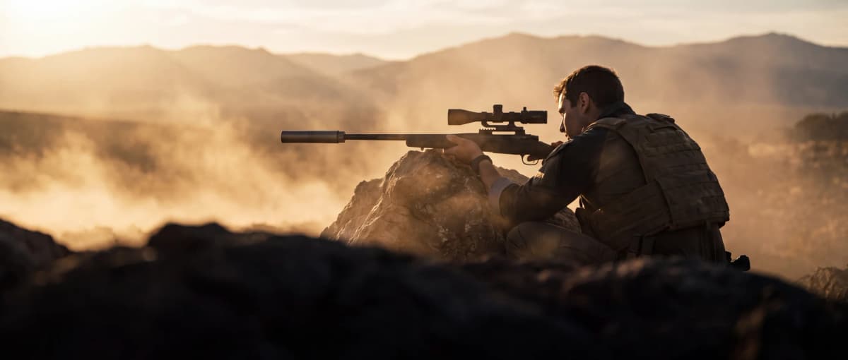 Rifleman on a high-desert ridgeline at dawn shouldering a suppressed bolt-action rifle over a rock