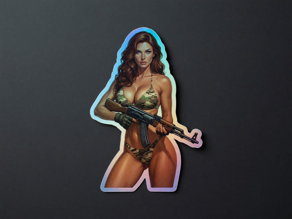 Tactical Girl AK-47 Holographic Sticker | Camo Bikini Iridescent Vinyl Decal