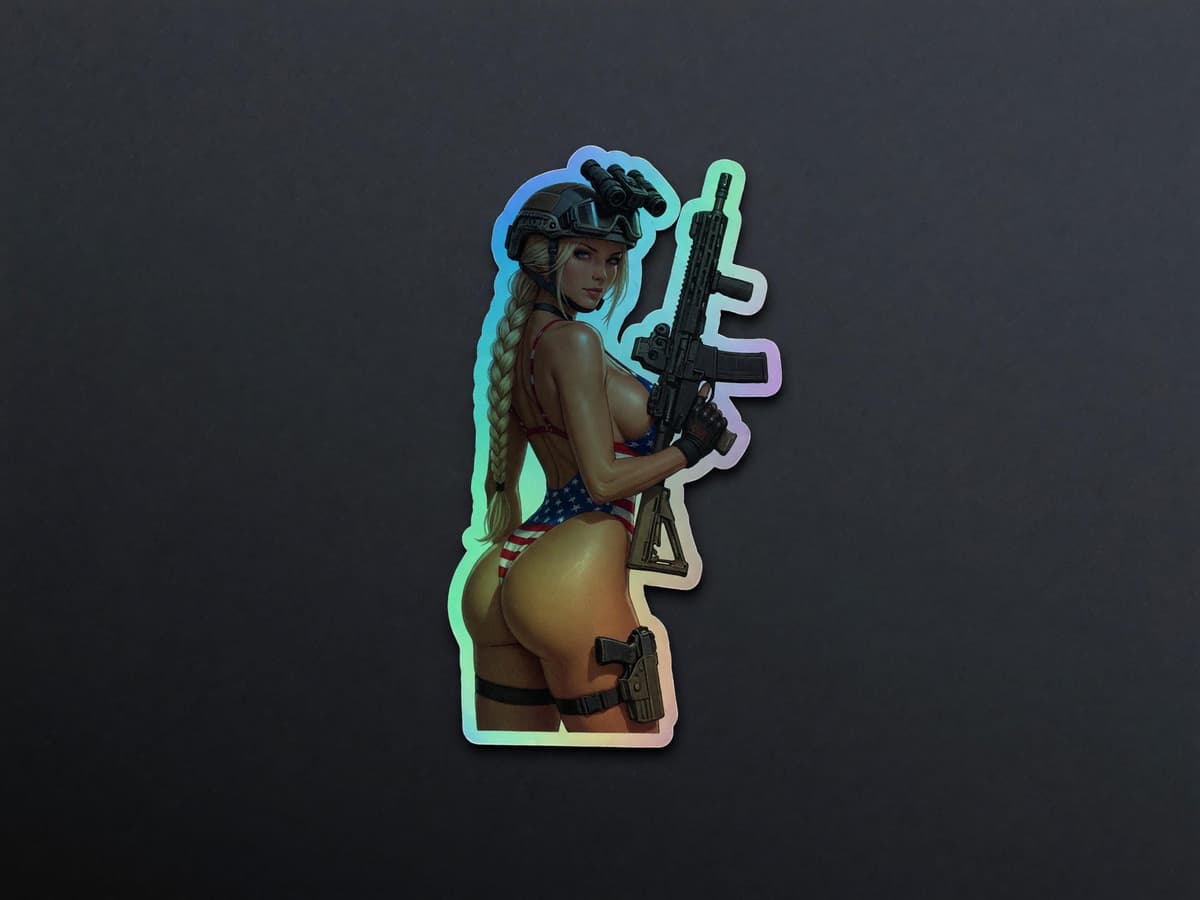 Valkyrie AR-15 USA Bikini Holographic Sticker | Patriotic Tactical Iridescent Decal