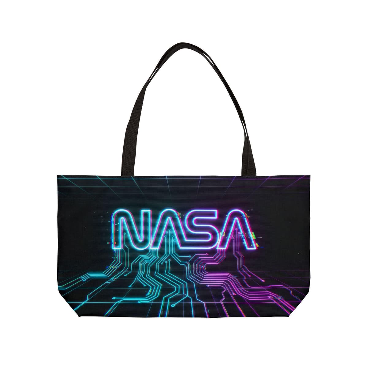 Neon NASA Logo Weekender Tote Bag | Retro Futuristic Circuit Design