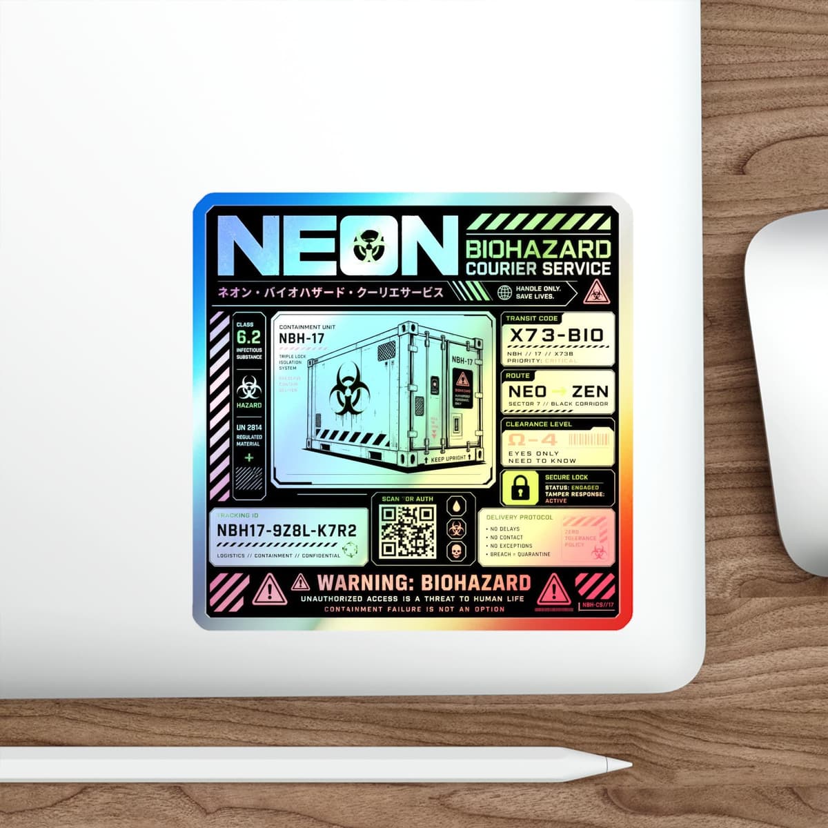 Neon Biohazard Courier Service Holographic Sticker