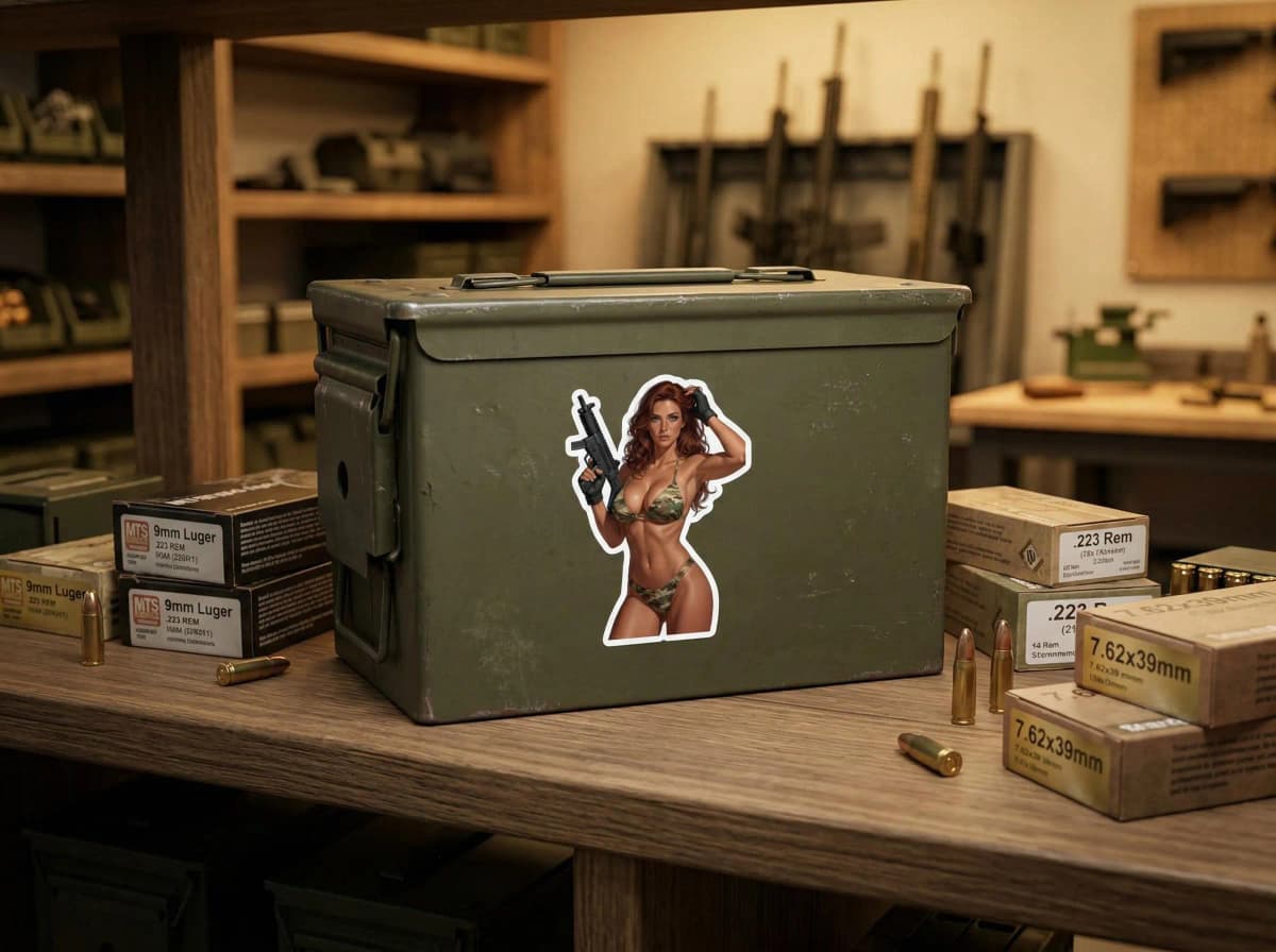 Tactical Girl SMG Pin-Up Sticker | Camo Bikini Military Vinyl Decal (Kiss Cut)
