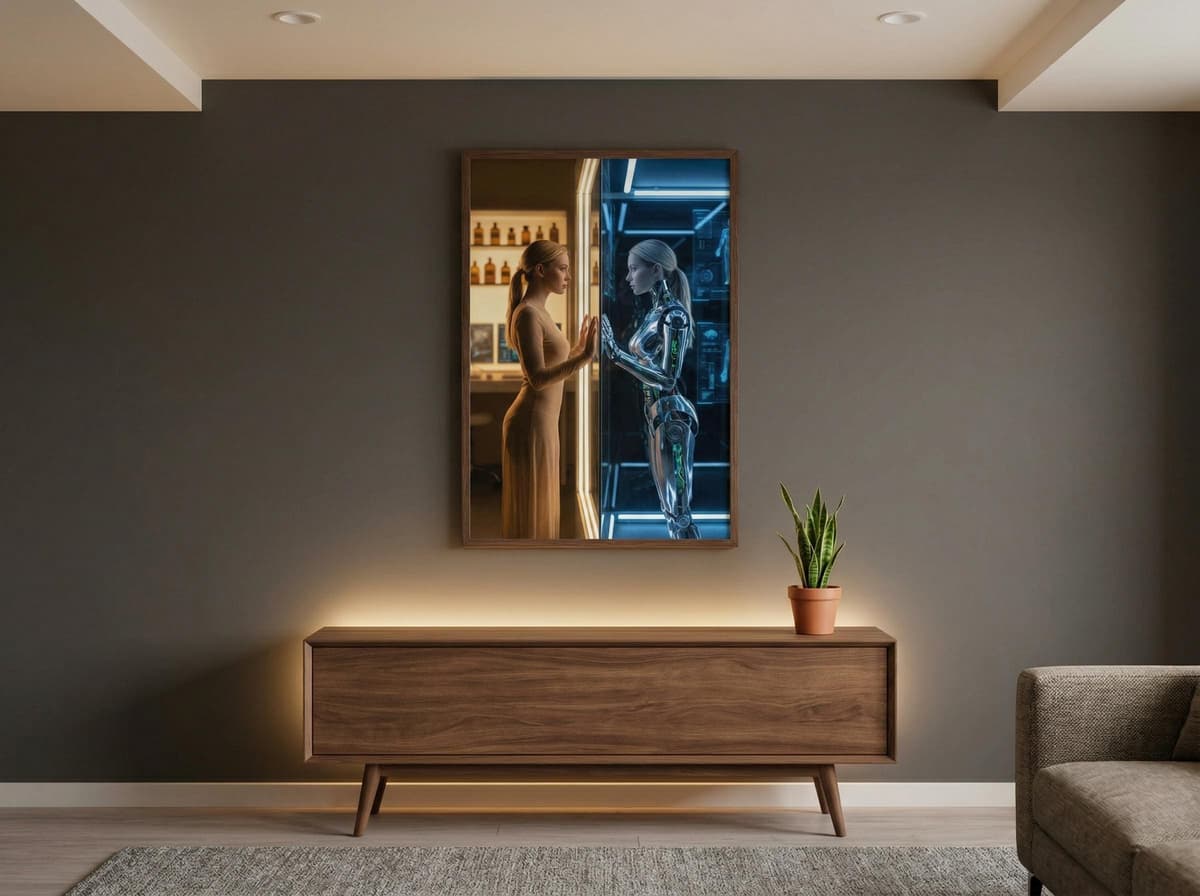 May include: A framed artwork depicting a woman and a robot, each touching the glass. The artwork is mounted above a wooden cabinet with integrated lighting. A potted plant sits on the cabinet. The room has a modern aesthetic.