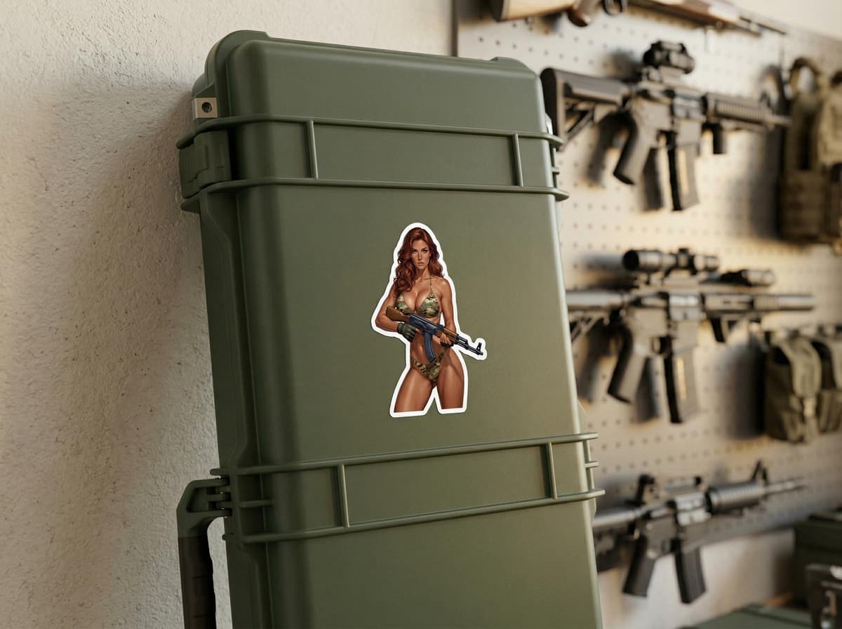 Tactical Girl AK-47 Camo Bikini Sticker | Rifle Pin-Up Vinyl Decal (Kiss Cut)