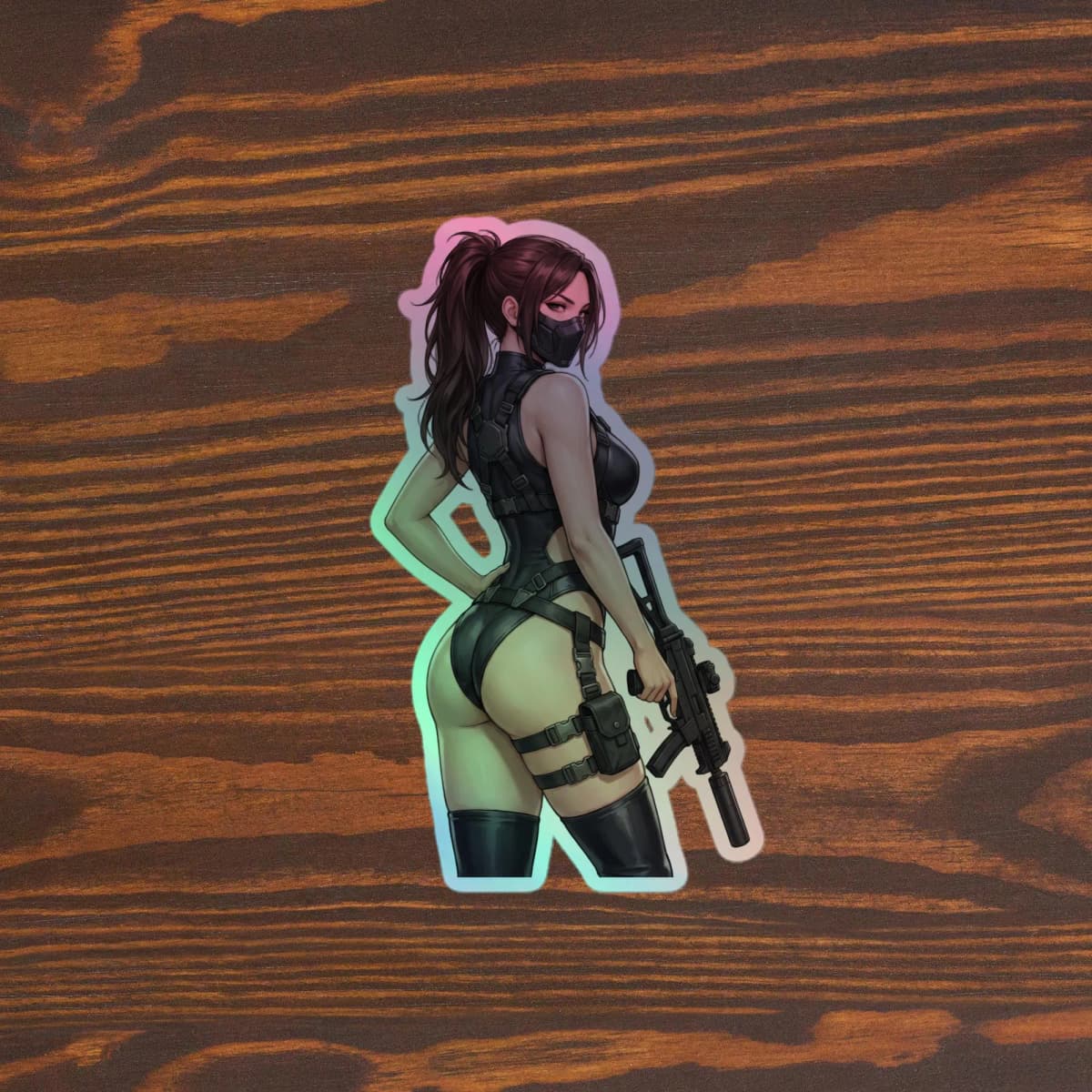 Tactical Girl Harness Rifle Holographic Sticker | Operator Pin-Up Iridescent Vinyl Decal