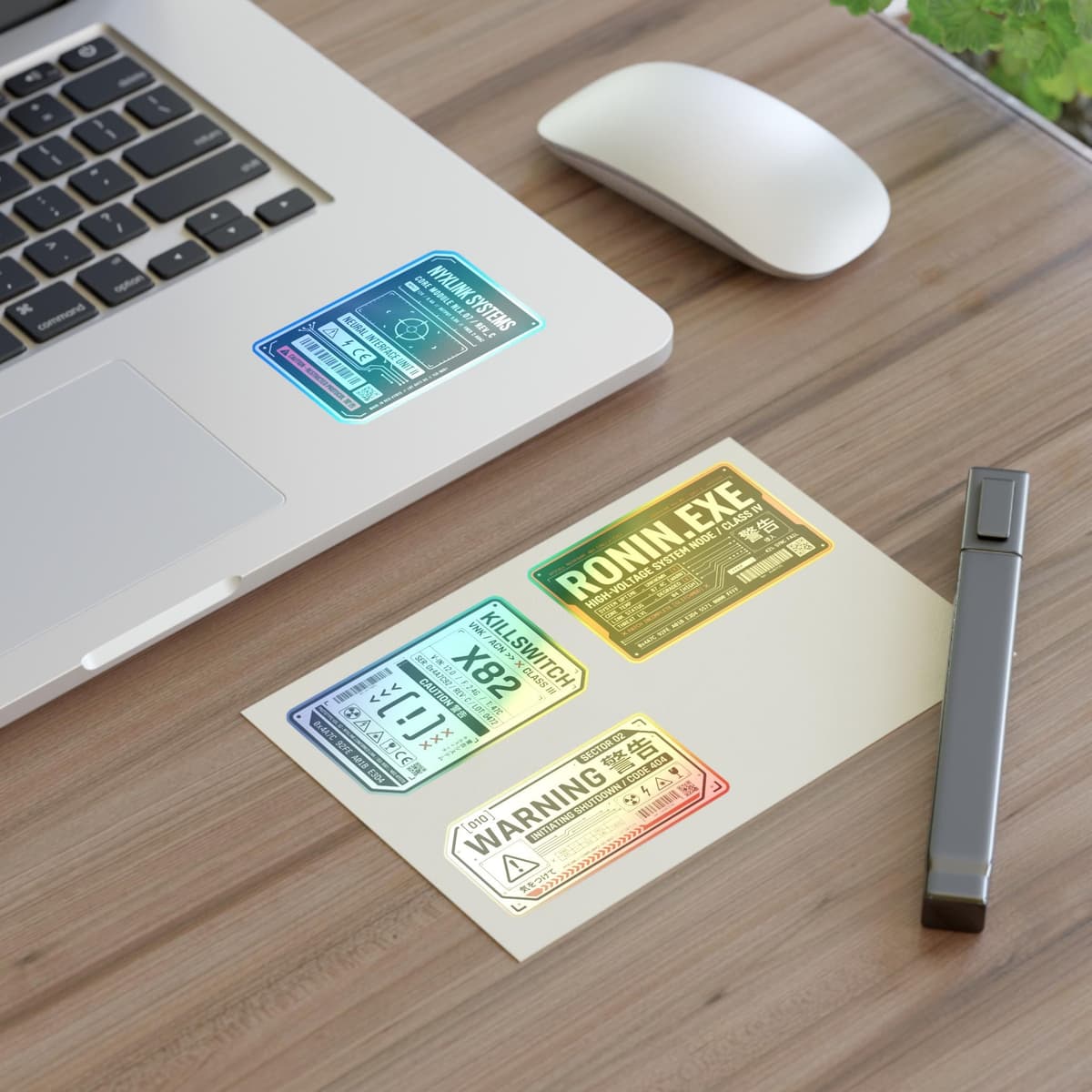 Cyberpunk Warning Labels Holographic Sticker Sheet | Sci-Fi Tech Decal Pack