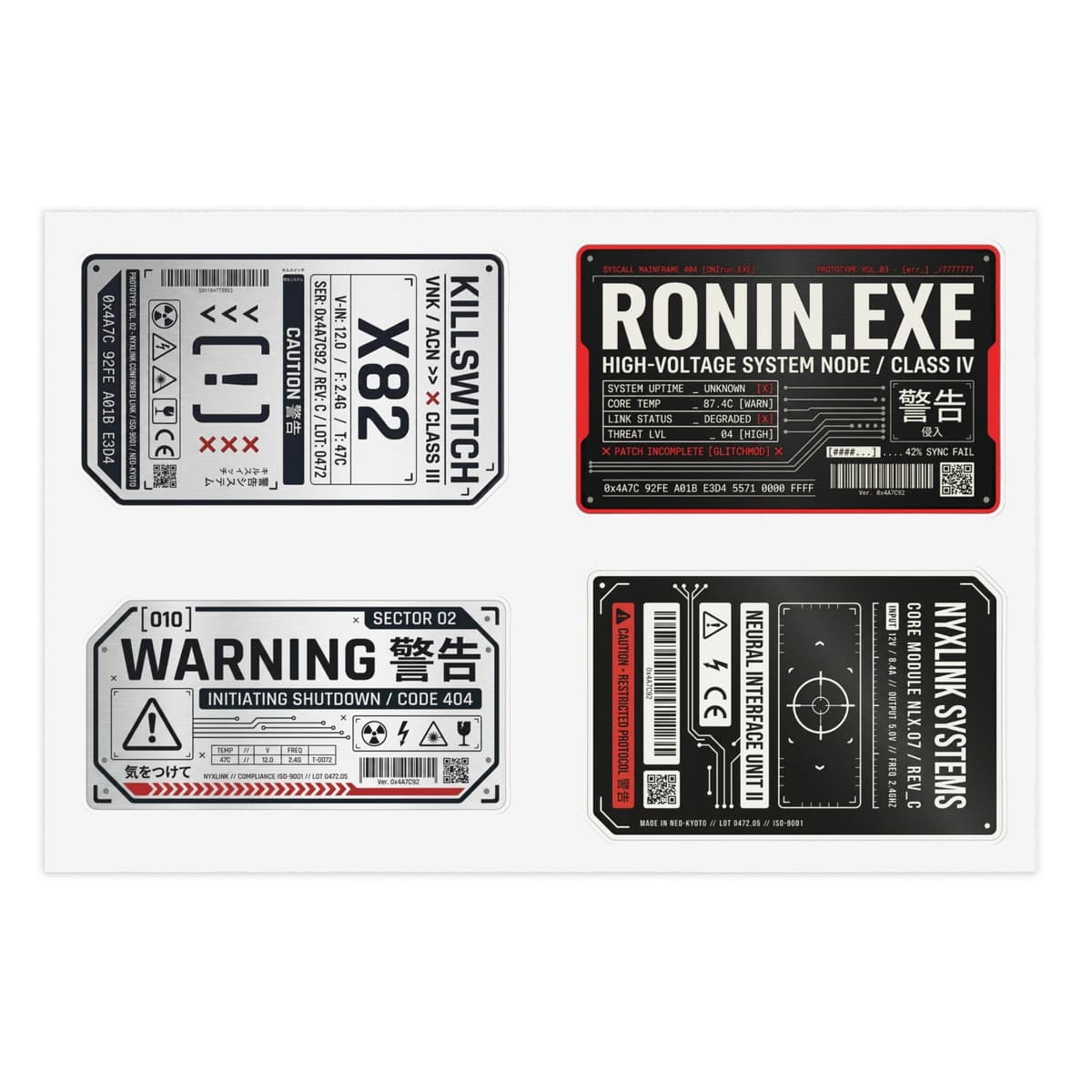 Cyberpunk Warning Labels Holographic Sticker Sheet | Sci-Fi Tech Decal Pack