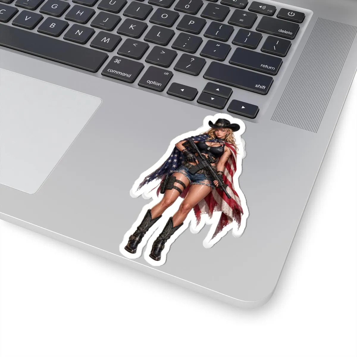 American Cowgirl Rifle Pin-Up Kiss-Cut Sticker | Patriotic Western Vinyl Decal | Flag Cape Cowgirl