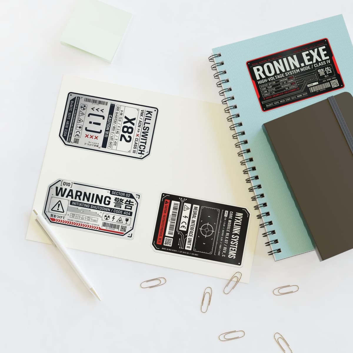 Cyberpunk Warning Labels Holographic Sticker Sheet | Sci-Fi Tech Decal Pack