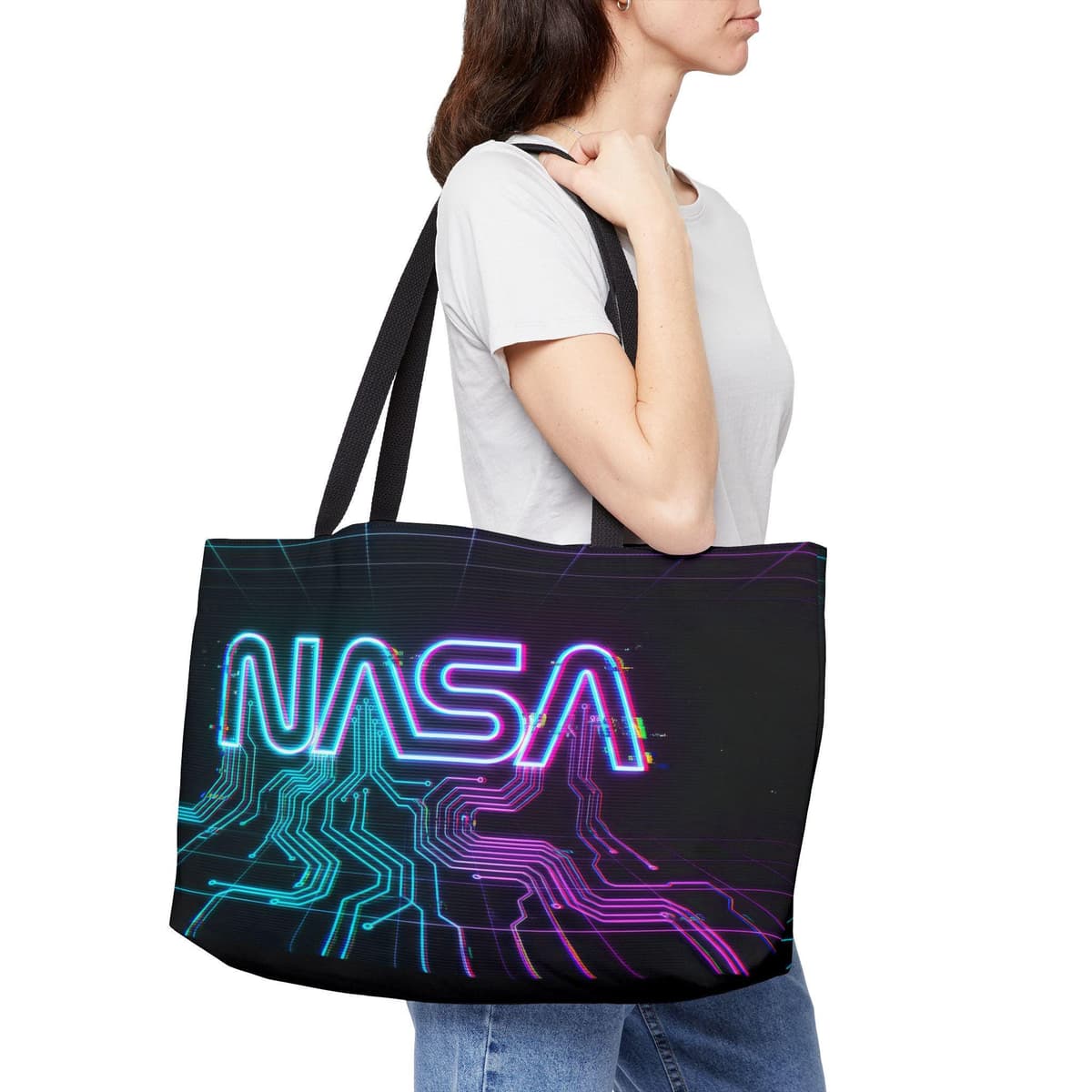 Neon NASA Logo Weekender Tote Bag | Retro Futuristic Circuit Design