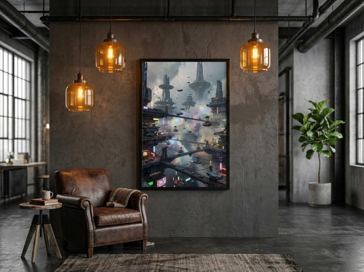 Floating City Sci-Fi Poster | Aerial Cyberpunk Metropolis Wall Art (Matte Print)
