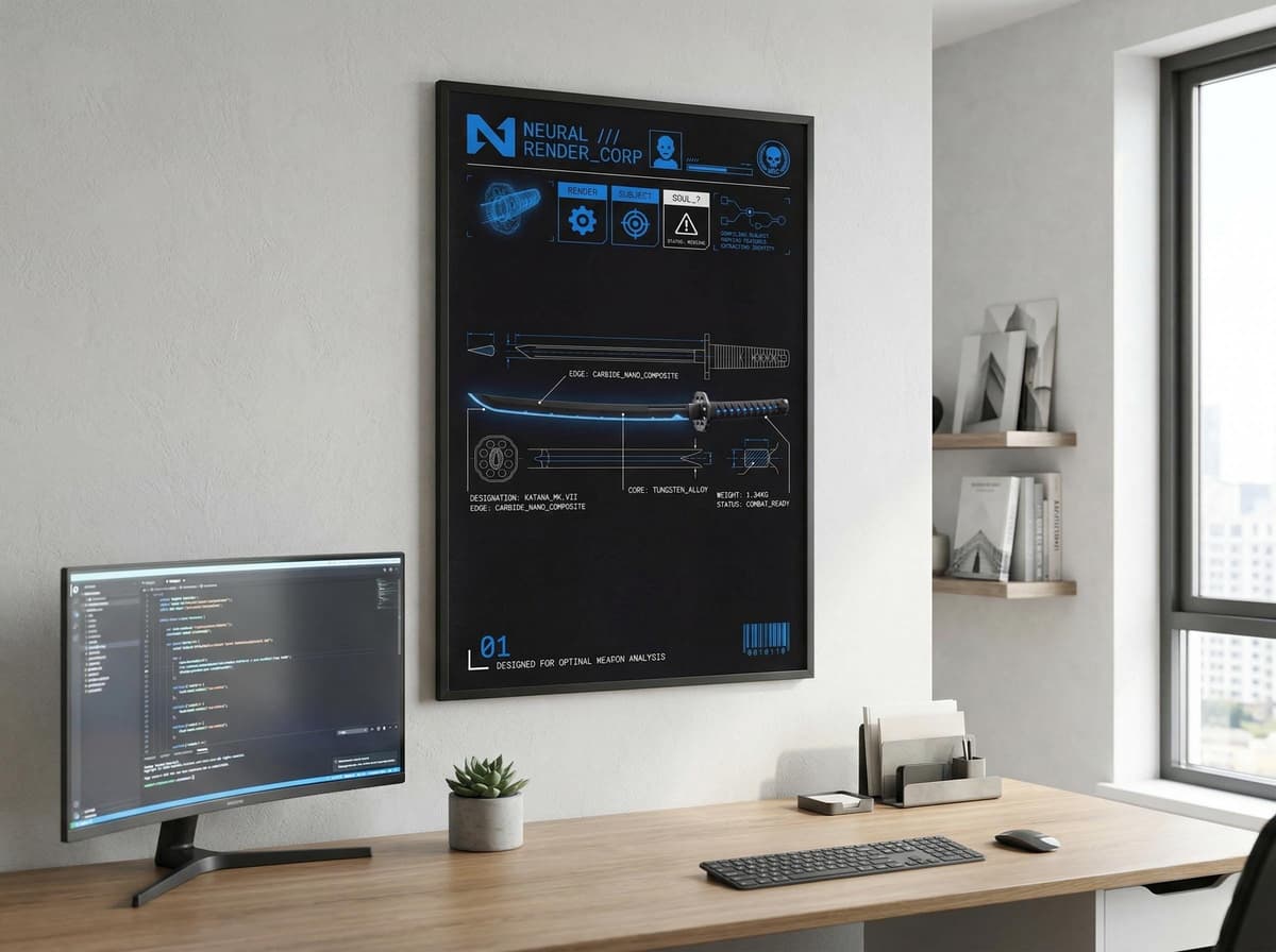 Sci-Fi Katana Blueprint Poster | Cyberpunk Sword Diagram Wall Art (Matte Print)
