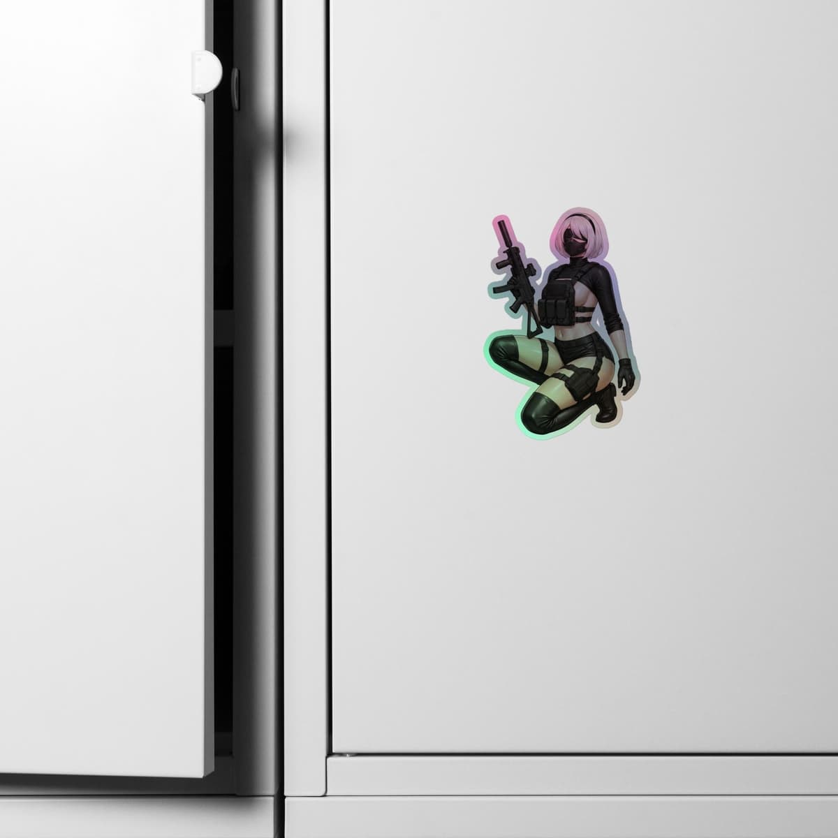 2B Tactical Kneel Holographic Sticker | Android Waifu Iridescent Vinyl Decal