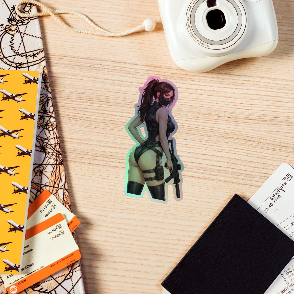 Tactical Girl Harness Rifle Holographic Sticker | Operator Pin-Up Iridescent Vinyl Decal