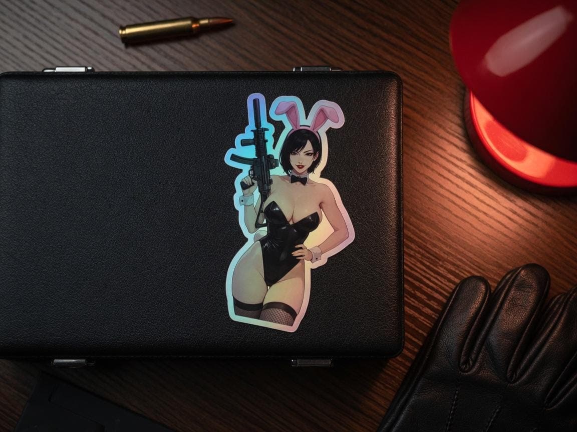 Crimson Bunny Girl MP5 Holographic Sticker | Tactical Anime Waifu Iridescent Vinyl Decal