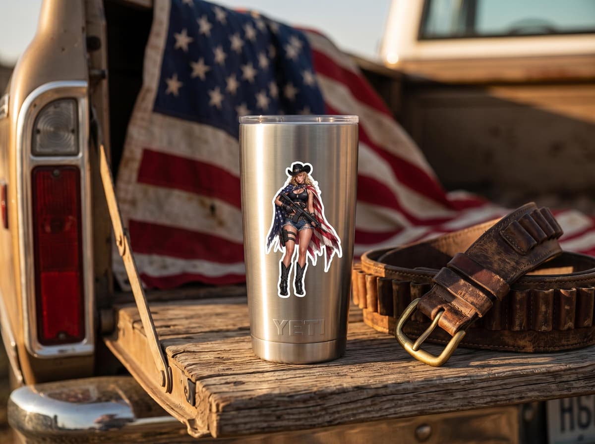 American Cowgirl Rifle Pin-Up Kiss-Cut Sticker | Patriotic Western Vinyl Decal | Flag Cape Cowgirl