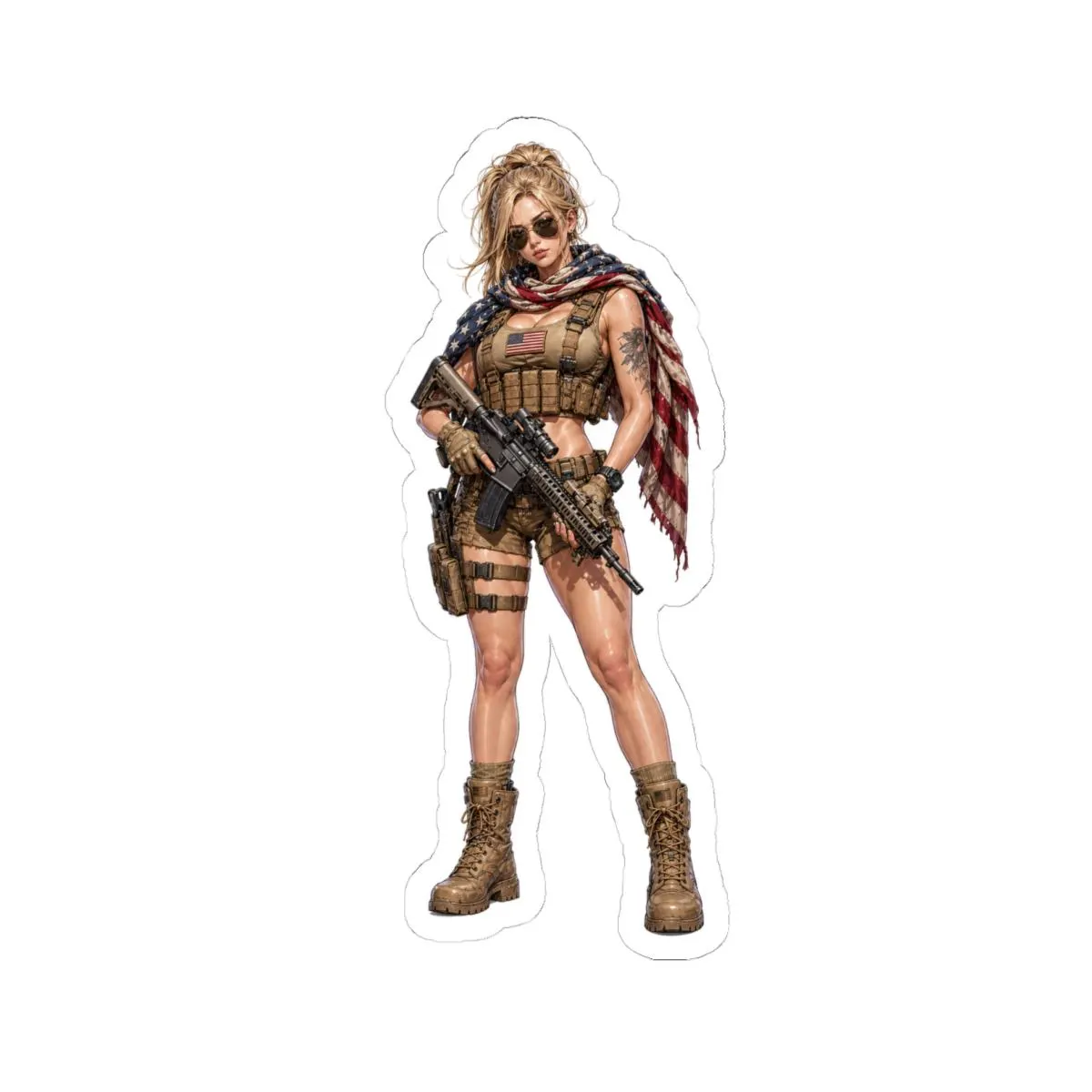 American Sniper Flag Cape Pin-Up Kiss-Cut Sticker | Tactical Patriot Waifu Vinyl Decal | Range Girl