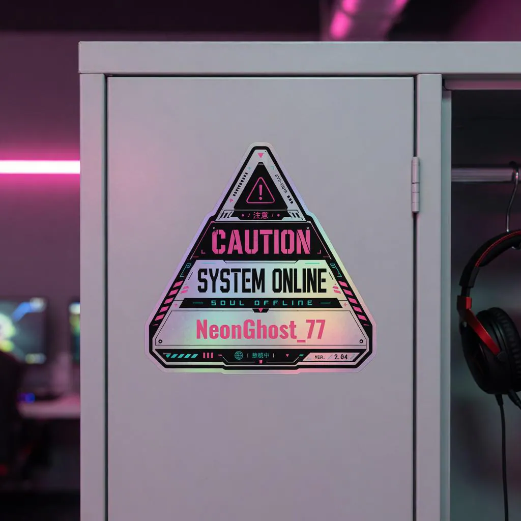 Custom Holographic Name Sticker | Personalized Gamertag Cyberpunk Caution Decal
