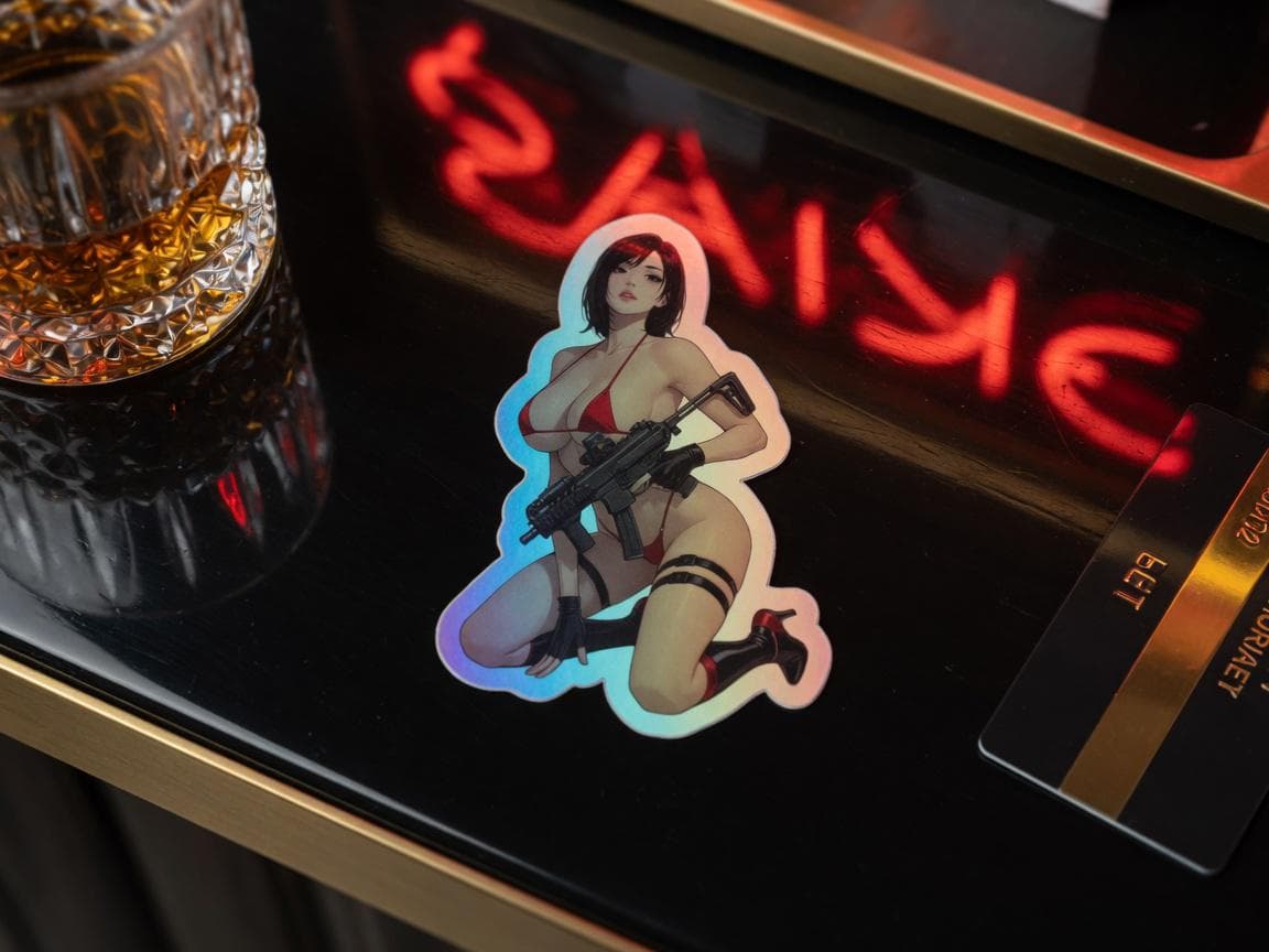 Crimson MPX Spy Girl Holographic Sticker | Tactical Waifu Iridescent Vinyl Decal