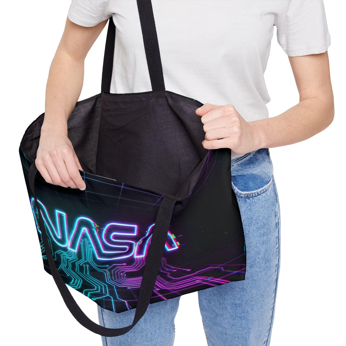 Neon NASA Logo Weekender Tote Bag | Retro Futuristic Circuit Design